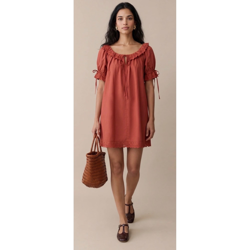 Few Moda Kourt Women Rust Red Cotton Eyelet Lace Trim Puff Sleeve Mini Dress XS